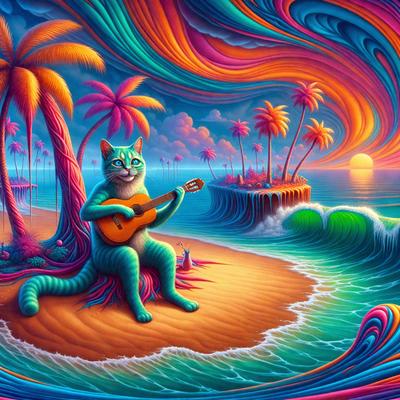 The primary subject of the image is a cat sitting on a beach, holding a guitar. The cat is positioned in the center of the scene, and the guitar is placed in its lap. The setting is a beach with a sunset in the background, creating a serene and relaxing atmosphere. The visual style of the image is a colorful and vibrant digital art, with a mix of bright and warm colors that evoke a sense of joy and playfulness.